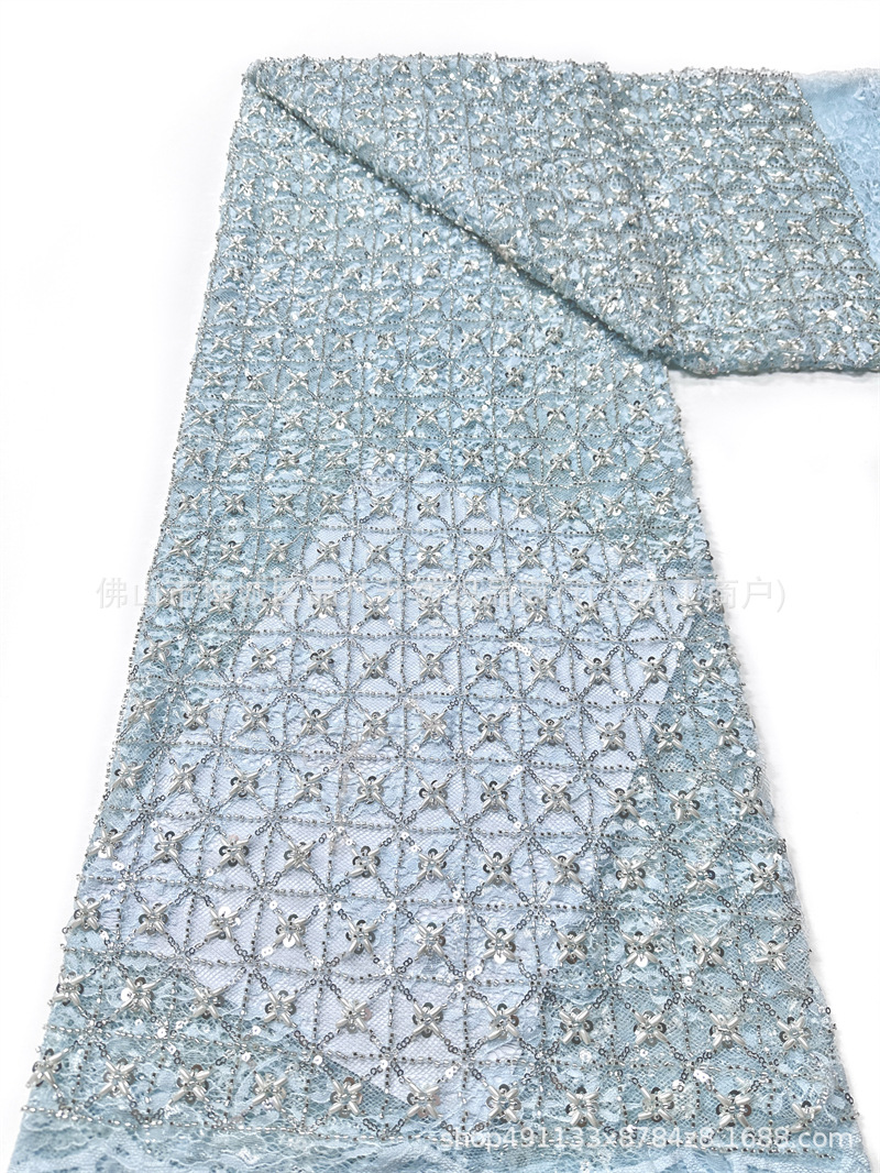Blanco pesado clavos de cuentas sequinilla tela de encaje cuadrilátero cosido a mano perla sequinilla vestido tela