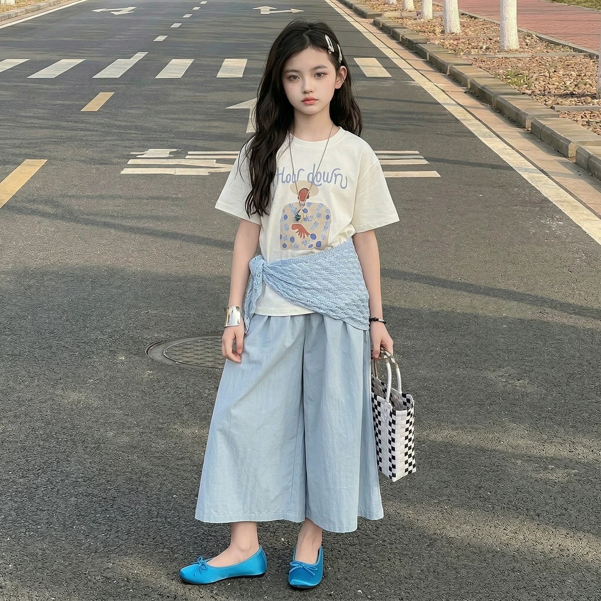 Girls' Summer Short-Sleeve Set 2026 New Style Girls' Summer Korean Style T-Shirt and Wide-Leg Skirt Pants Two-Piece Set