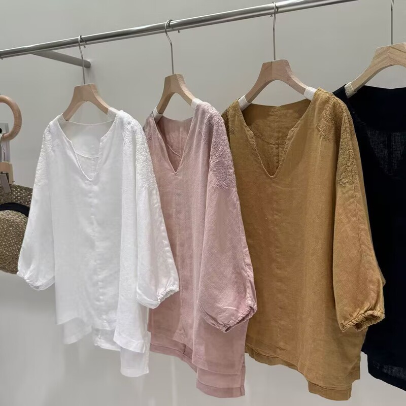 Directly supplied from Changshu, high-end pure ramie V-neck long-sleeve women's shirt, loose-fitting new Chinese-style lace-trimmed top Directly supplied from Changshu, high-end pure ramie V-neck long-sleeve women's shirt, loose-fitting new Chinese-style lace-trimmed top