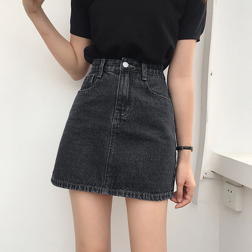 A petite-chic A-line denim skirt for summer, featuring a South Korean style, loose fit, high waist, and Instagram-inspired design for a trendy look.