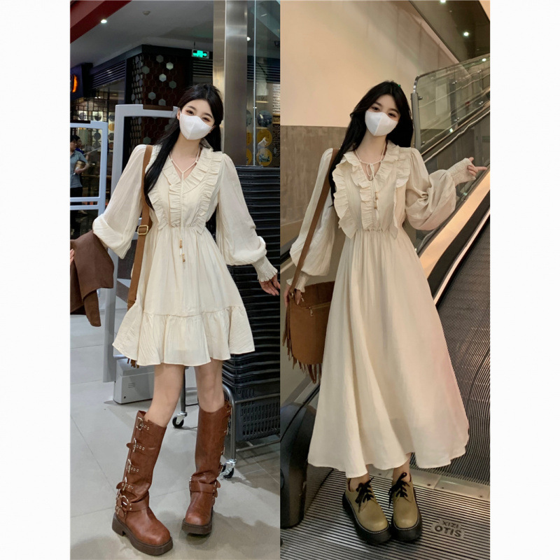 大码女装法式新款感长袖V领连衣裙马甲套装胖mm遮肚显瘦秋季新款