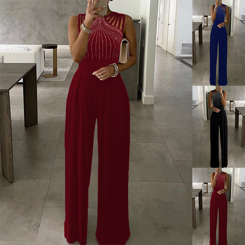 Casual Trousers, New Summer Product, Slim-Fitting Women's Clothing, Solid Color with Brick Embellishments, Jumpsuit, Fashionable and Versatile, Stylish and Elegant