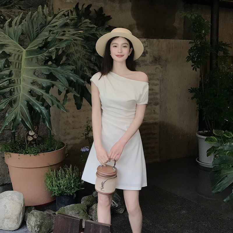 气质知性简约短袖连衣裙女夏季修身显瘦长短款裙子|undefined