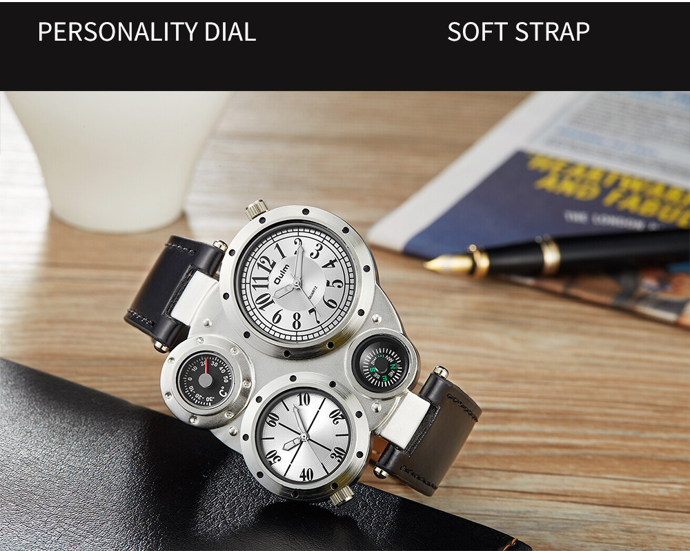 Pointer Display Type Streetwear Compass Solid Color Buckle Belt Leather Strap Quartz Watch