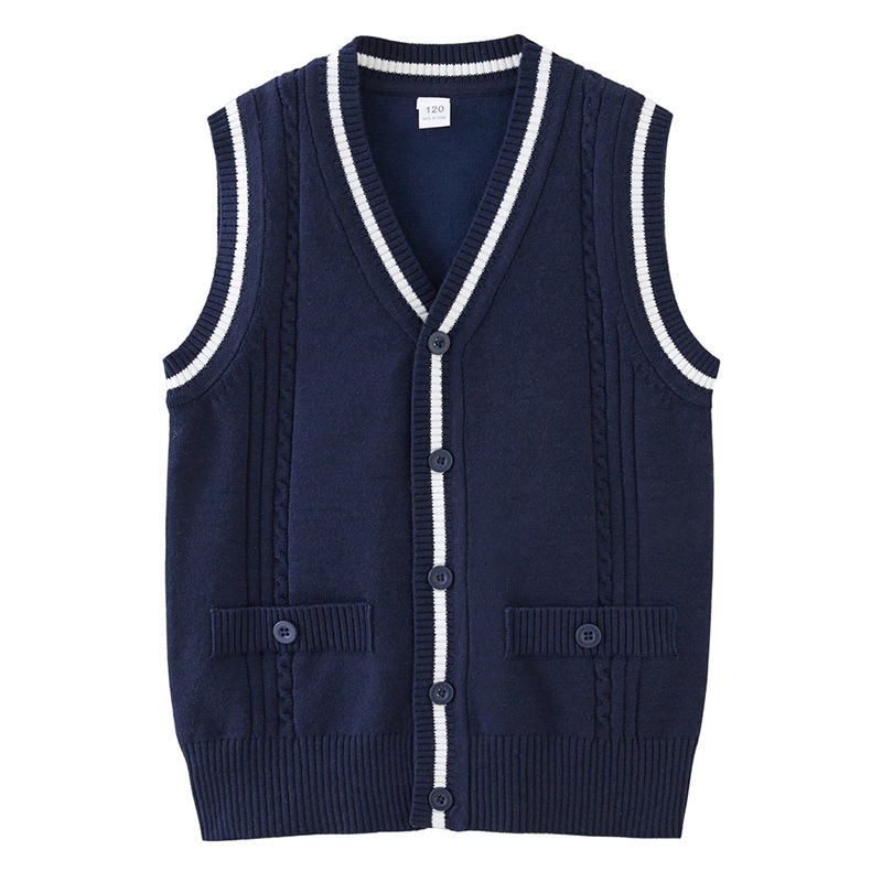 Contraste transfronterizo color giro medio y grande suéter de los niños Chaleco de Bolsillo falso Chaleco de punto de los niños cardigan uniforme escolar de las niñas