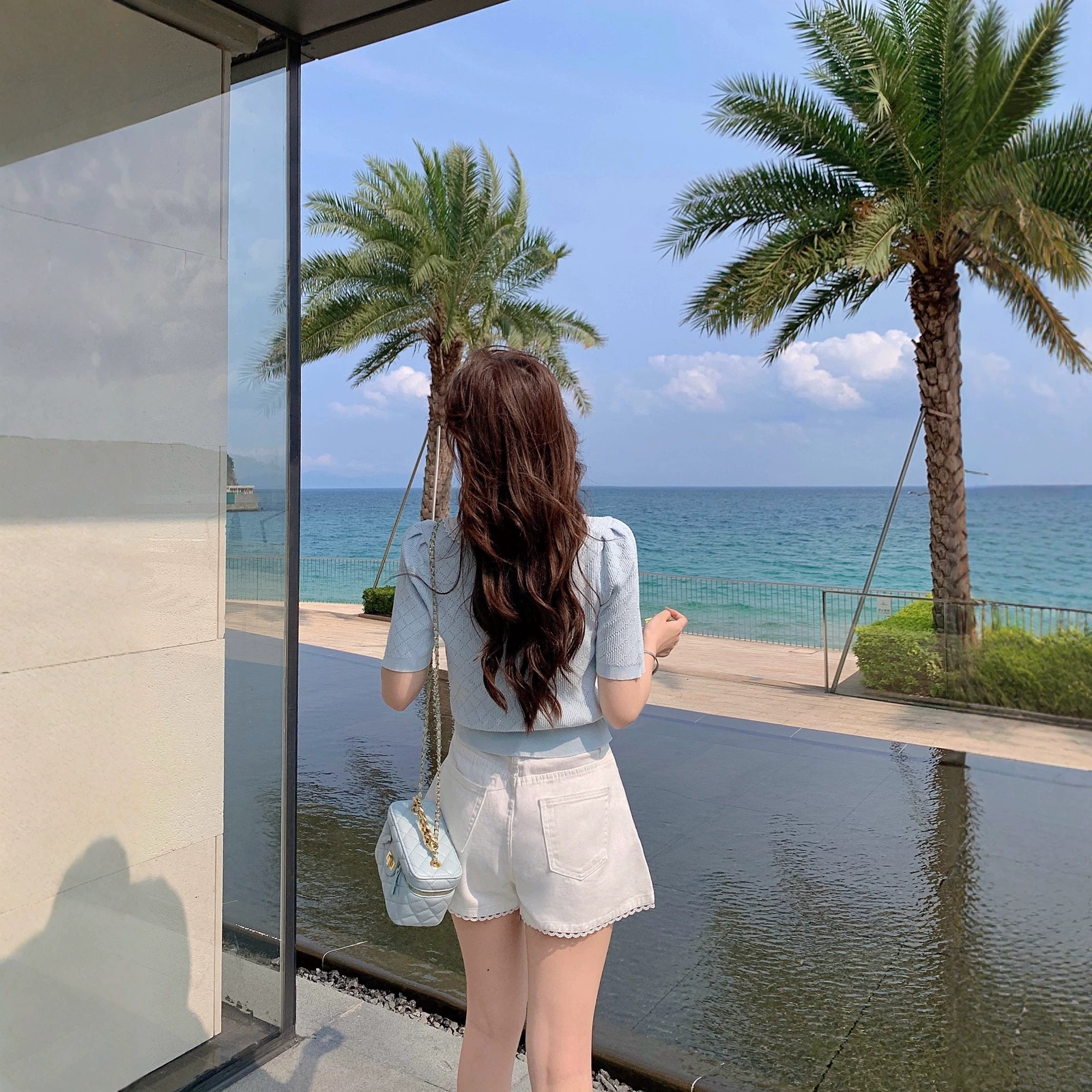 Áo thun nữ cổ lật tay ngắn dệt kim phong cách Pháp — Màu xanh da trời chi tiết 4