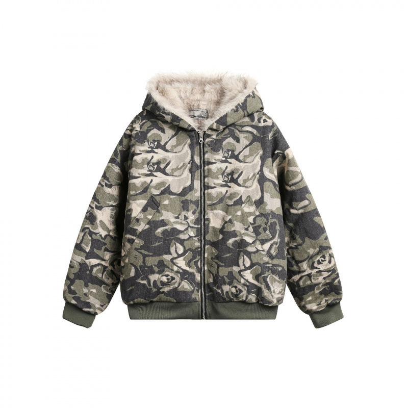 Camouflage Hooded Cotton Jacket Men's Winter American High Street Design Loose Quilted Plush Thickened Cotton Jacket