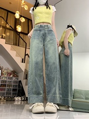 大码复古浅色牛仔裤女春秋胖mm高腰显瘦宽松小个子直筒阔腿长裤子