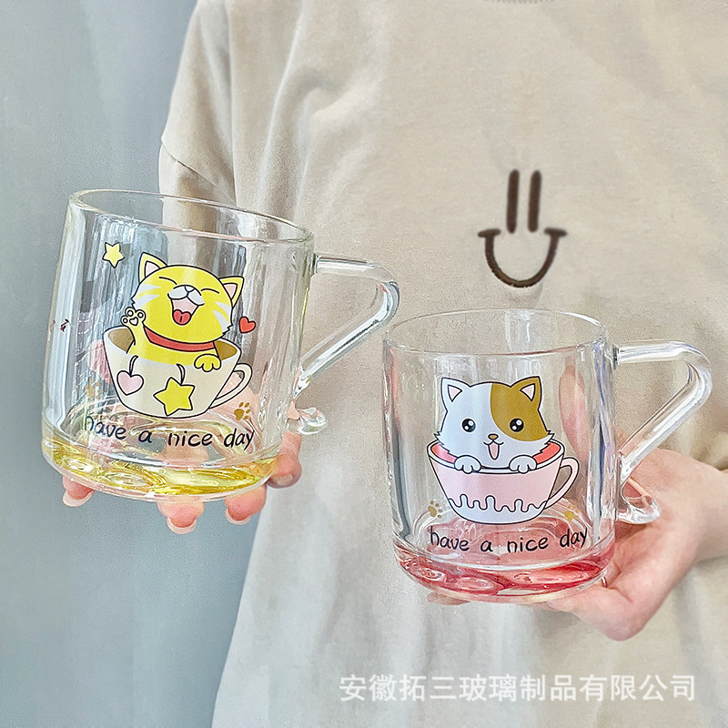 Milk Cup Handle Tea Cup Drinking Cat Children's Glass Microwave Cute Cup Household High Temperature Resistant Water Cup Milk Cup Handle Tea Cup Drinking Cat Children's Glass Microwave Cute Cup Household High Temperature Resistant Water Cup