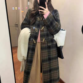 格子牛角扣毛呢外套女秋冬季2025年新款爆款小个子高级感呢子大衣
