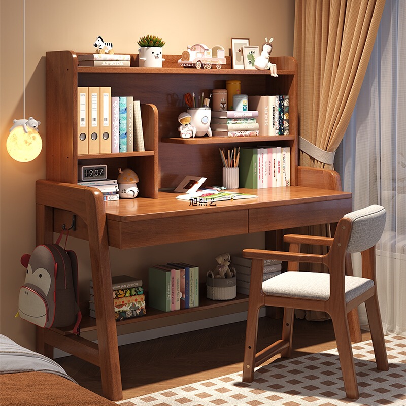 Solid Wood Desk with Bookshelf, Simple Home Study Desk for Primary and Secondary School Students, Liftable Desk and Chair for Children, Bedroom