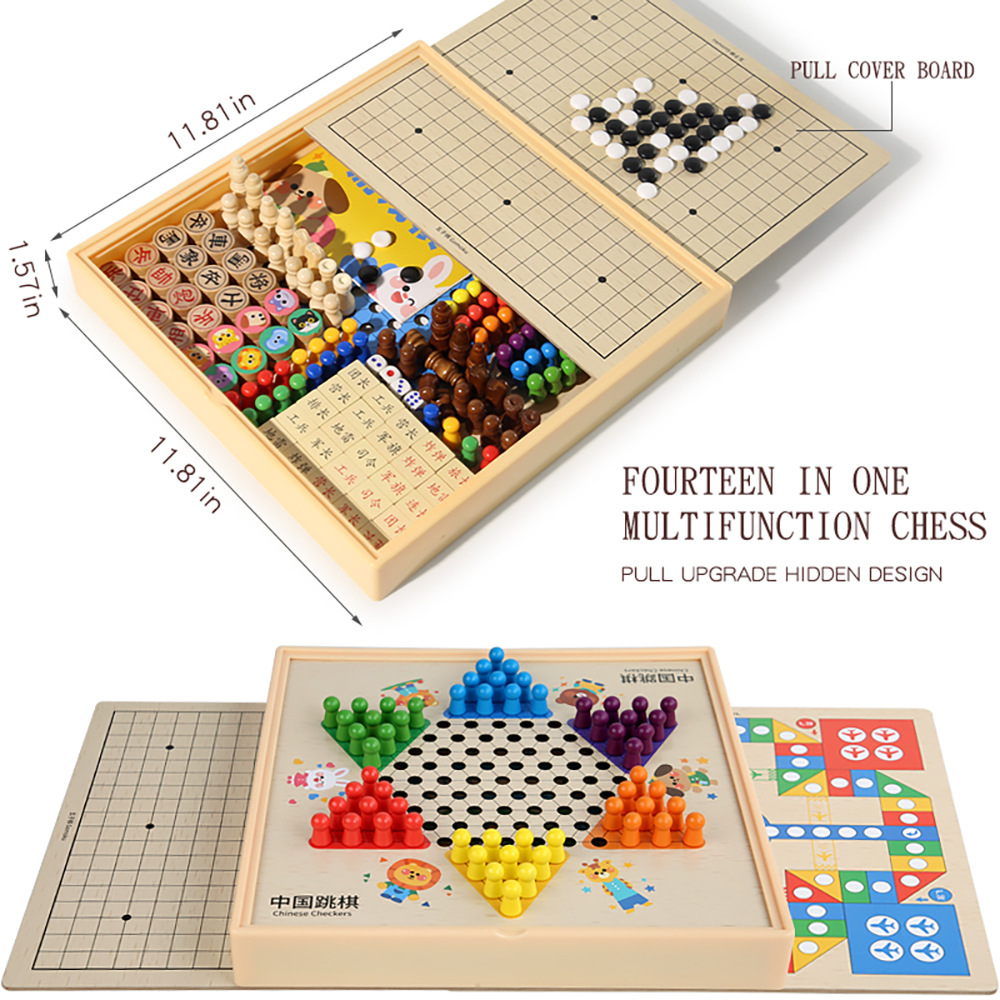 Caja de regalo portátil para niños transfronteriza multifunción catorce en uno juego damas damas voladoras backgammon juguetes de madera