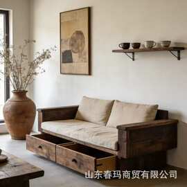 侘寂风老榆木沙发家用客厅风化做旧带抽屉收纳长条沙发靠背躺椅