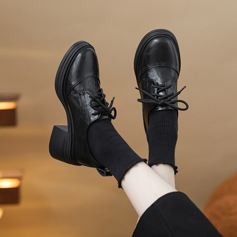 Retro Damen Loafer Mit Plüsch Und Dicker Sohle Schnürschuhe Leder_voghion.com