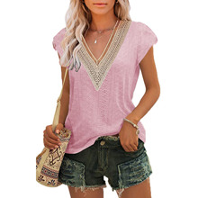 欧洲站夏季新款短袖T恤镂空V领纯色印花欧美潮流休闲女装一件代发