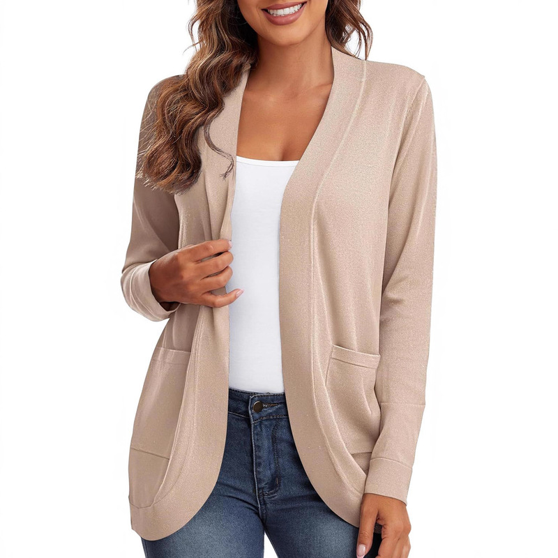 2025 New European and American Women's Long Sleeve Knitted Sweater Cardigan with Curved Hem and Front Closure with Pockets