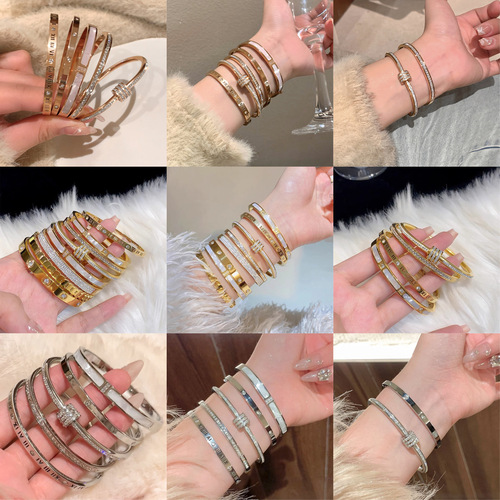 Titanium steel bracelet does not fade, starry silver bracelet for women, versatile, high-end, fashionable, full diamond stainless steel bracelet