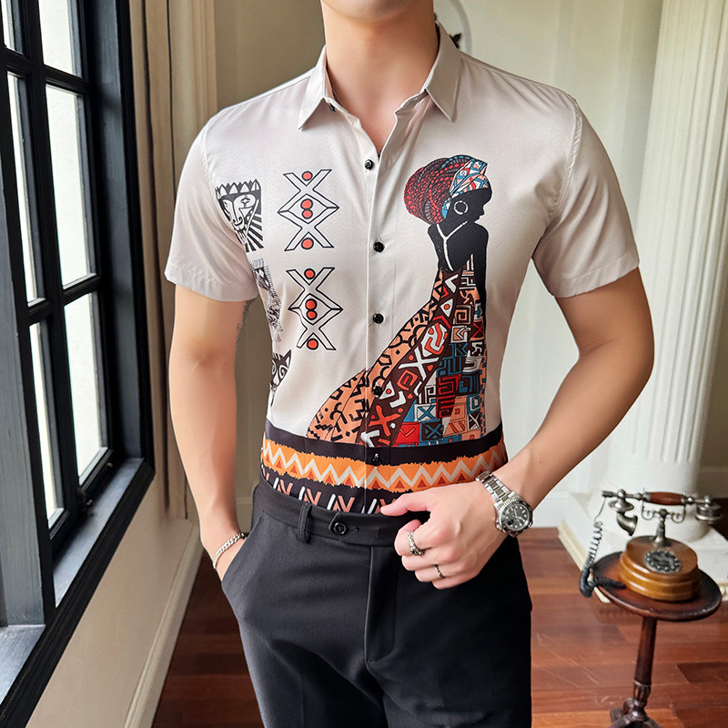 新款欧美男士翻领免烫时尚衬衫潮流数码印花款休闲短袖衬衣3003，男装衬衫，乐天大叔的衬衫铺