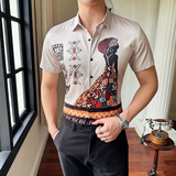 新款欧美男士翻领免烫时尚衬衫潮流数码印花款休闲短袖衬衣3003，男装衬衫，乐天大叔的衬衫铺