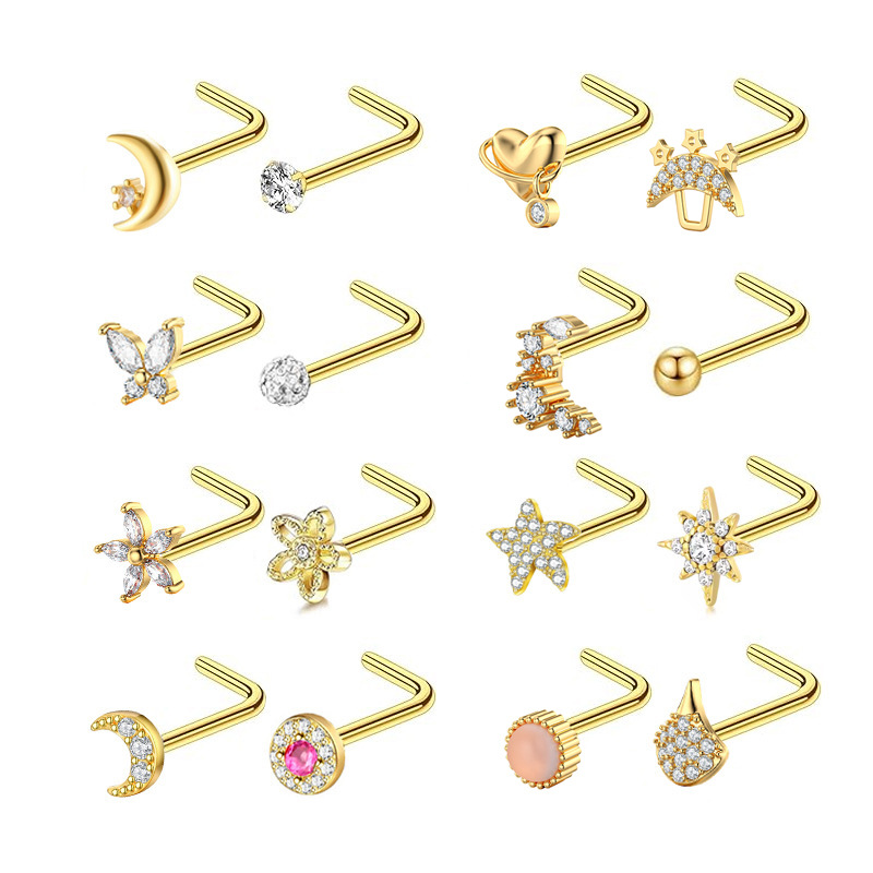 Stainless Steel Nose Stud With Zircon Stone L-shaped Piercing_voghion.com