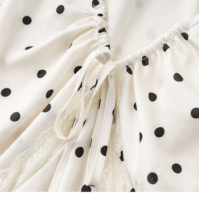 Váy maxi tay phồng chấm bi phong cách Pháp, chất liệu jacquard satin ren rủ — Màu mơ chi tiết 12