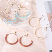 欧美绿松石耳环夸张大圆圈米珠耳環波西米亚几何瓷珠合金手工耳饰