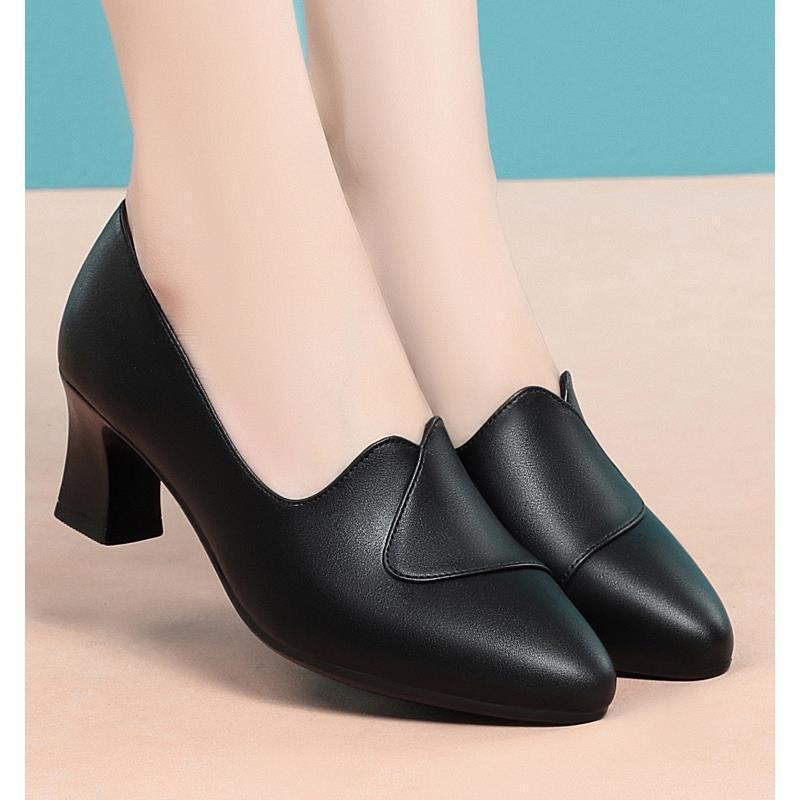 Genuine leather soft-soled high-heeled slip-on work shoes, black work leather shoes, middle-aged women's shoes, single shoes for women, spring and autumn Genuine leather soft-soled high-heeled slip-on work shoes, black work leather shoes, middle-aged women's shoes, single shoes for women, spring and autumn
