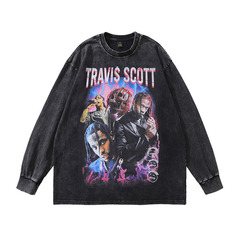 TKPAvintage vintage streetwear portrait print distressed rinse long-sleeve t-shirt for men American-style street base tee