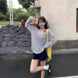 防晒罩衫女夏日ootd穿搭2025新款长袖t恤宽松斜肩条纹两件套上衣