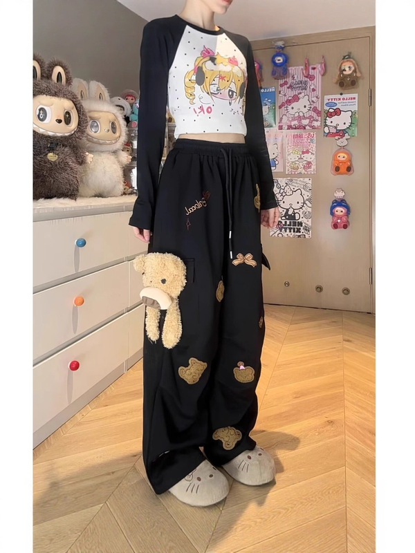 跨境黑色抽绳刺绣休闲裤子2025秋季新款女小个子宽松直筒拖地裤|undefined