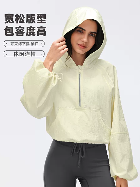 Spring and Summer Hooded Thin Jacket for Women, Half-Zip, Water-Repellent, Short, Loose-Fitting, Outdoor Casual Sports Windbreaker D26004