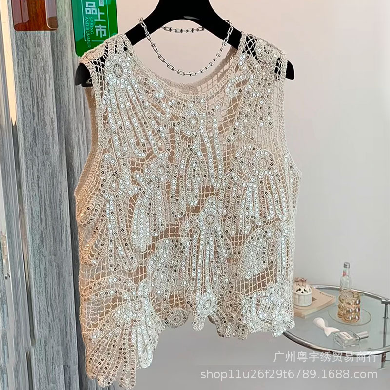 French Retro Hollow Sequin Beaded Sweater New Fashion Versatile Women's Top Summer Round Neck Vest