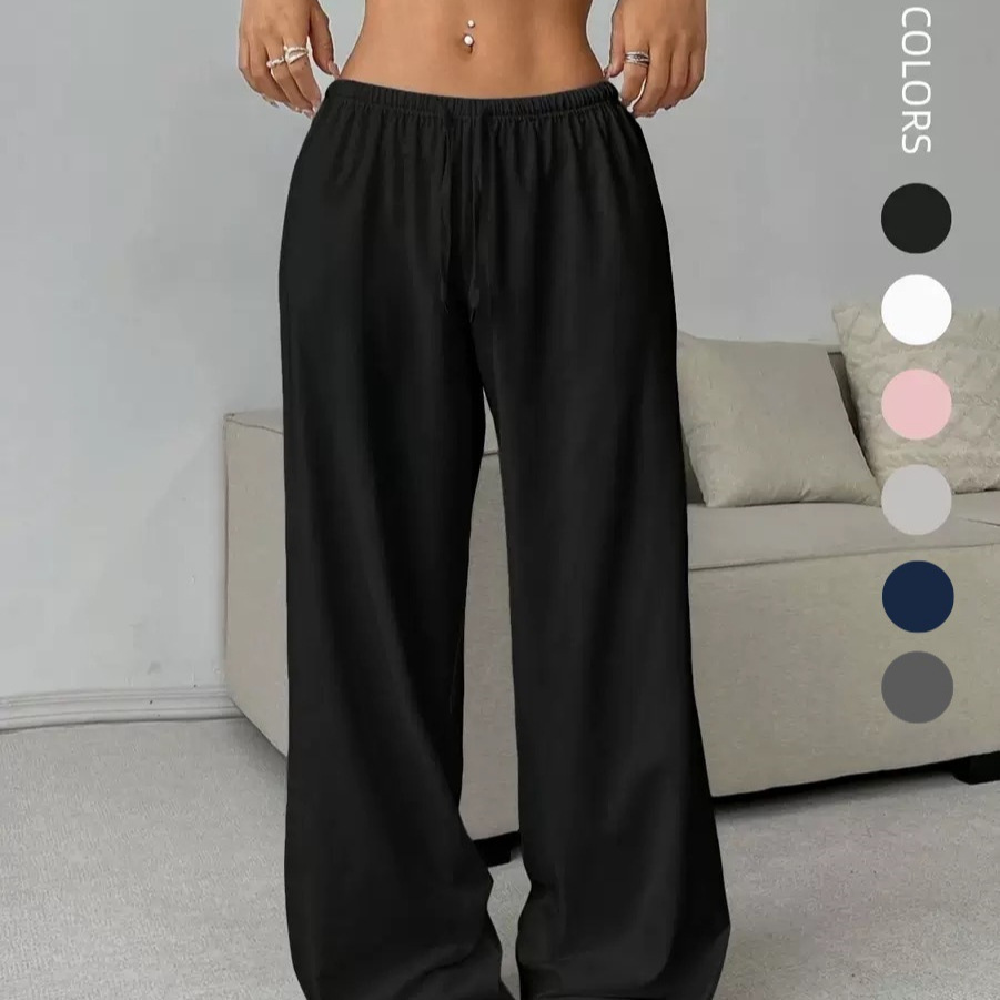 2025 Cross-Border European and American Clothing Amazon Aliexpress Independent Station Solid Color Trousers Elastic Waist Tie Wide Leg Casual