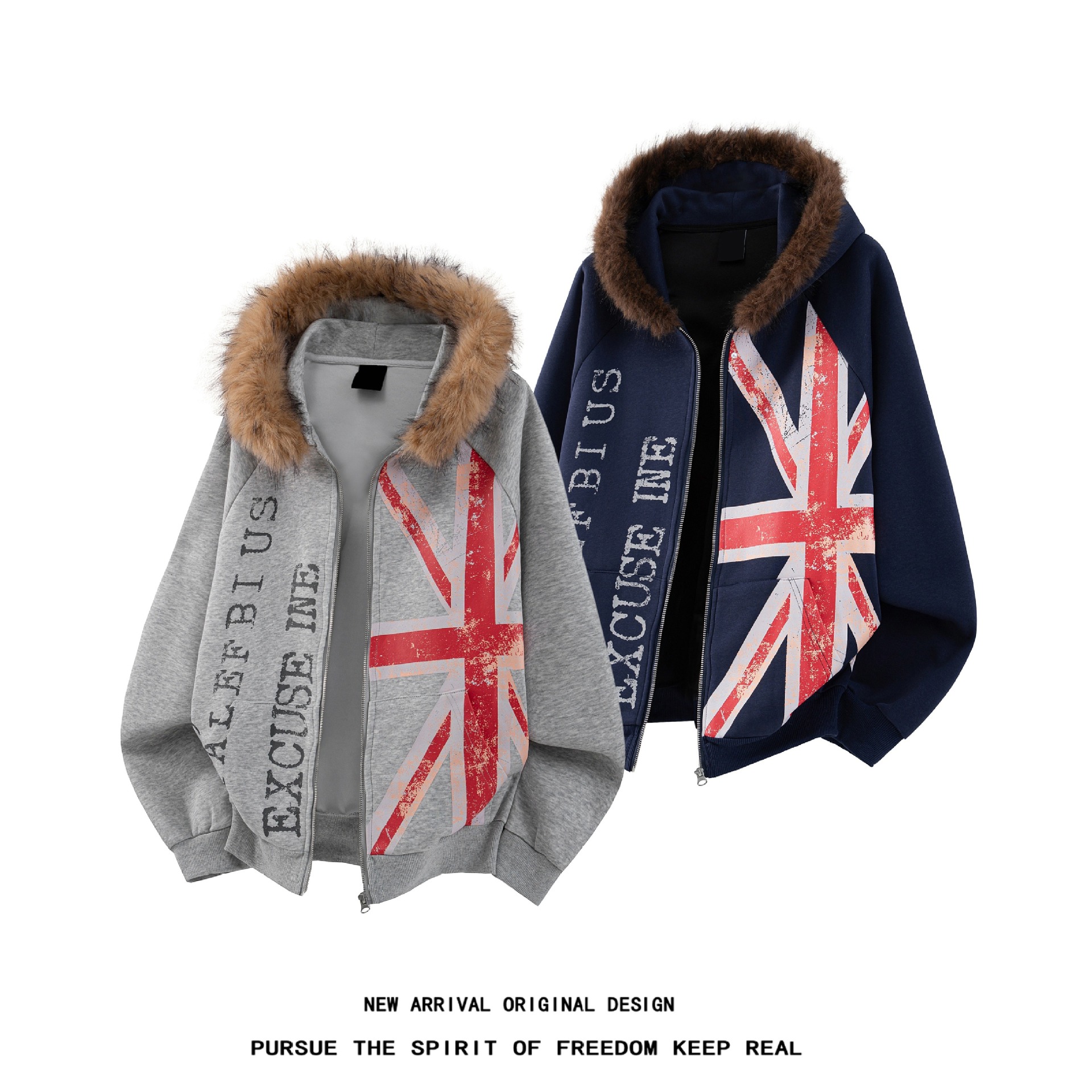American street style distressed Union Jack flag fur collar hooded sweatshirt, unisex, loose fit, distressed letter print, zip-up jacket, trendy