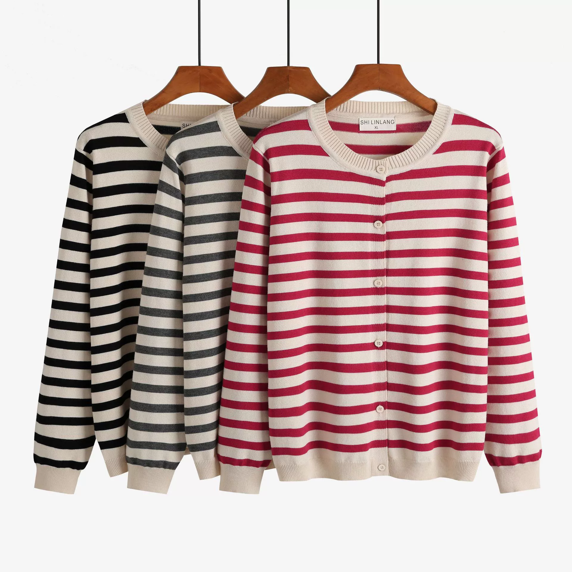 Ранняя весна 2025 года большой размер женский трикотажный кардиган в полоску простой с круглым вырезом