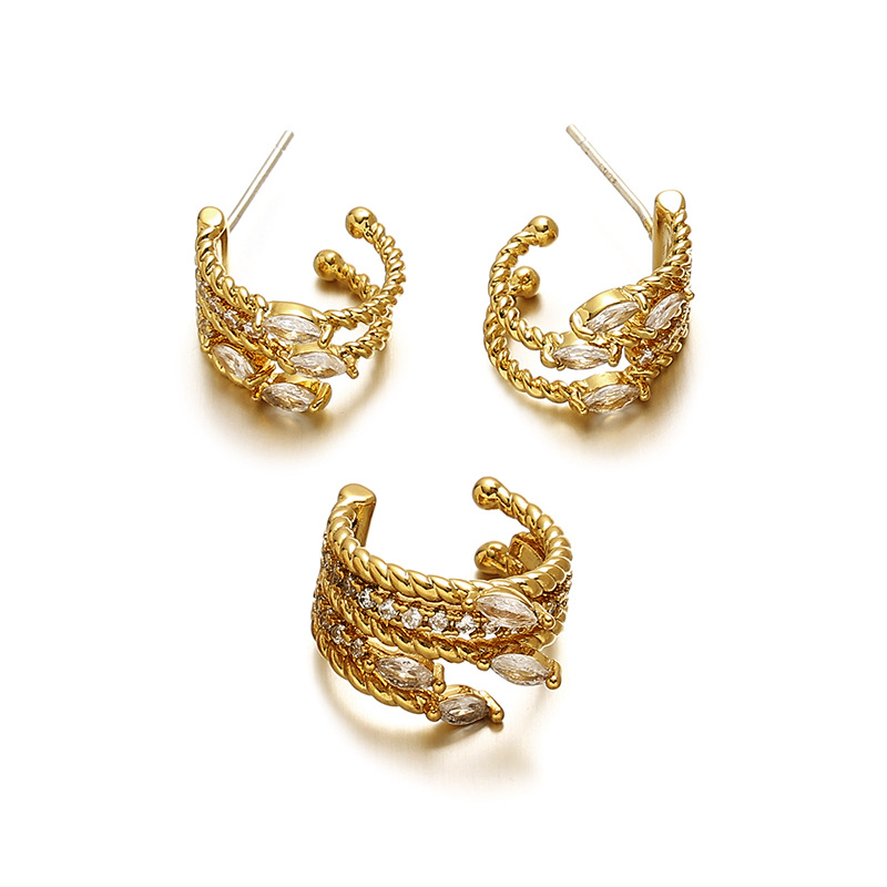 Bronce chapado en oro real 18K retro lujo ligero estilo de zircón incrustado pendientes de torsión de múltiples capas clip de hueso de orejas mujeres image 6