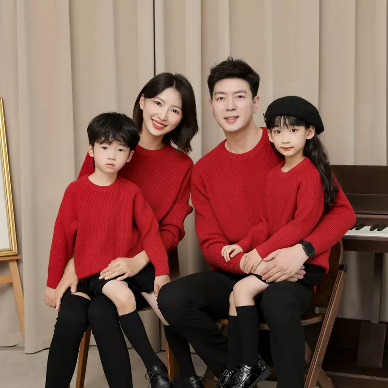 羊驼绒一家三口四口亲子装全家装母子父子母女装新年红色亲子毛衣