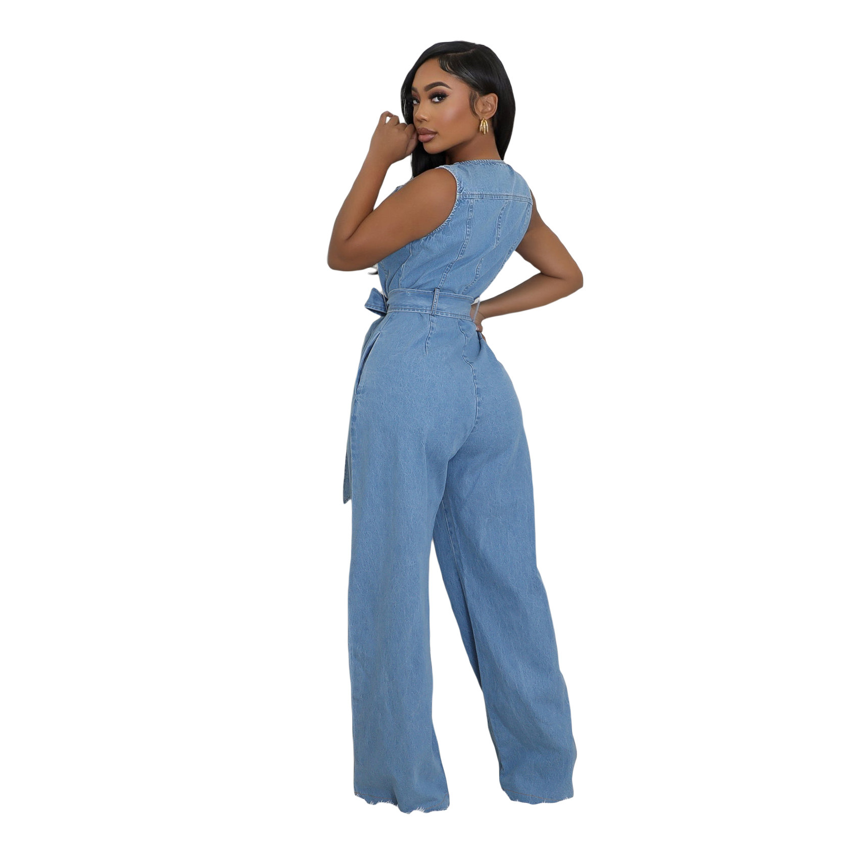 728g Weight Sleeveless Sleeve Length Full Length Pants Length Cotton, Denim Fabric Type High Waist Waist Line Jumpsuits Pants Type Bodysuits Tops Type Daily Occasion Loose Fit Type Solid Color Pattern Summer Season Women's Gender Belt Design Casual Style Women's Daily Bodysuits Casual Solid Color Full Length Belt Jumpsuits 9
