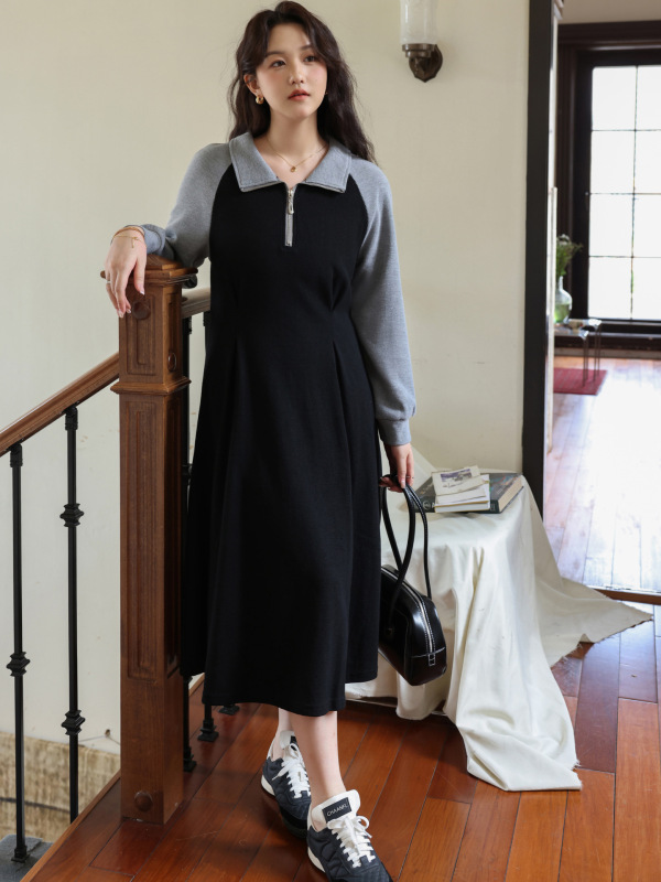 60221#实拍现货/大码女装2025新款拼接假两件收腰显瘦卫衣连衣裙|undefined