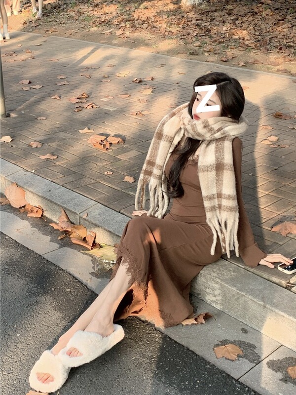 春季新款长袖拼接鱼尾连衣裙女打底黑色蕾丝收腰修身气质裙子长裙|undefined