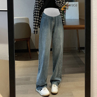 Pregnant Women's Wide-Leg Jeans Loose Autumn Outer Wear Slimming Straight Tube Trendy Mom's High Waist Belly-Loose Trousers
