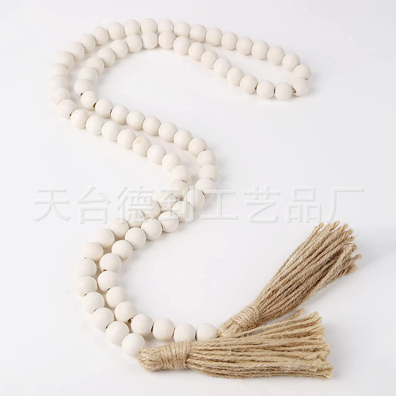 原木色麻绳木珠流苏串 亚马逊挂饰DIY手工饰品配件家居装饰木珠串