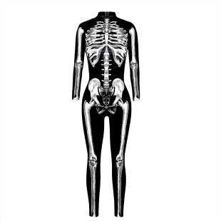New Cross-border Skeleton Digital Print Halloween cosplay Dress Women's Tight Long-sleeved Jumpsuit