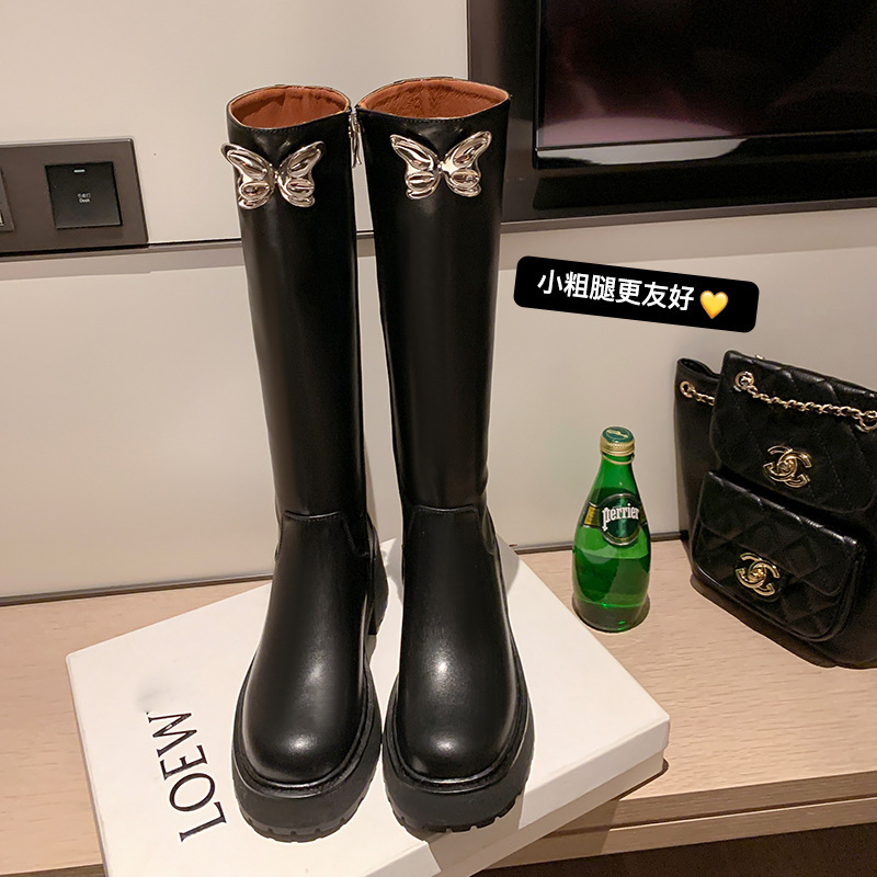 2022 Winter New Butterfly Side Zipper Round Toe Flat Shaped Bottom Fashion Knee-high Boots Rider Boots Women's Boots 2022 Winter New Butterfly Side Zipper Round Toe Flat Shaped Bottom Fashion Knee-high Boots Rider Boots Women's Boots