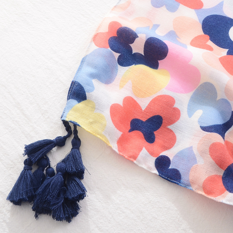 Amazon caliente venta delgada bufanda de seda mujeres primavera y verano protector solar mantón colorido Margarita impreso borla de algodón y lino sensación bufanda
