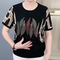 中年のお母さんの気質の半袖のtシャツの婦人服の夏の新型の大きいサイズのゆったりしているファッションの洋風の熱いドリルのプリントの上着