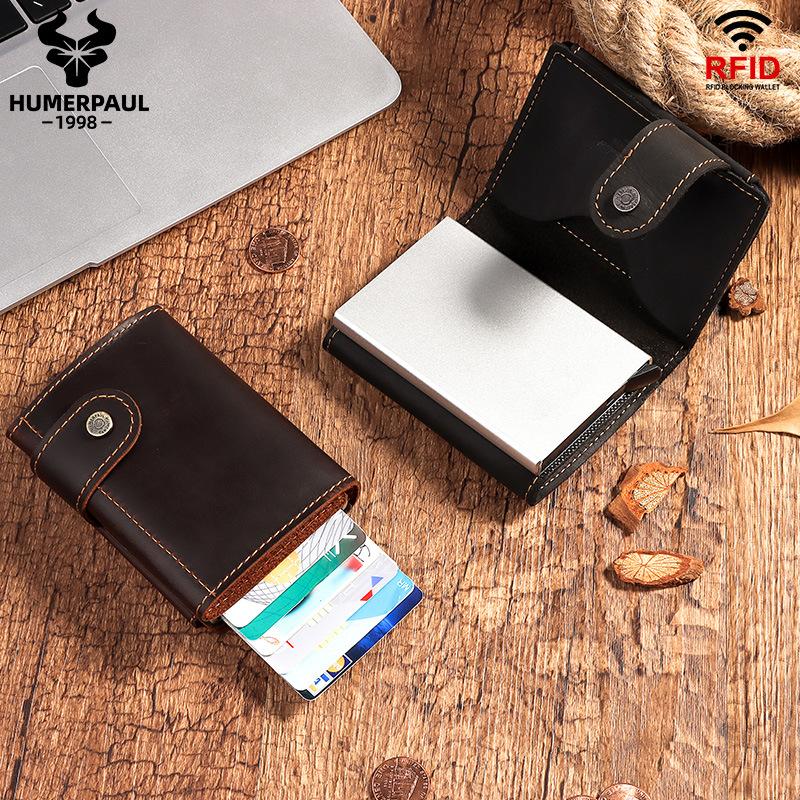 Humvee Paul Crazy Horse monedero de cuero RFID tarjeta automática caja de tarjeta de metal primera capa de cuero genuino titular de la tarjeta de crédito de los hombres