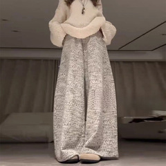 灰色慵懒小香风斜纹银丝阔腿裤女秋季新款高腰显瘦休闲时尚直筒裤