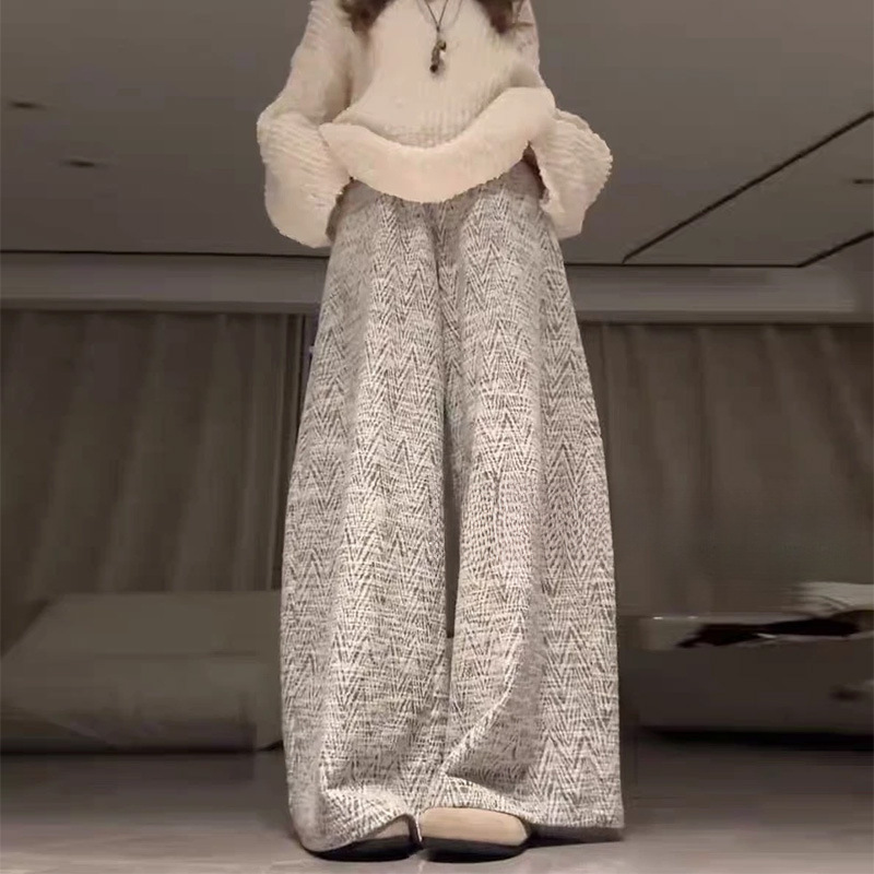 灰色慵懒小香风斜纹银丝阔腿裤女秋季新款高腰显瘦休闲时尚直筒裤|undefined
