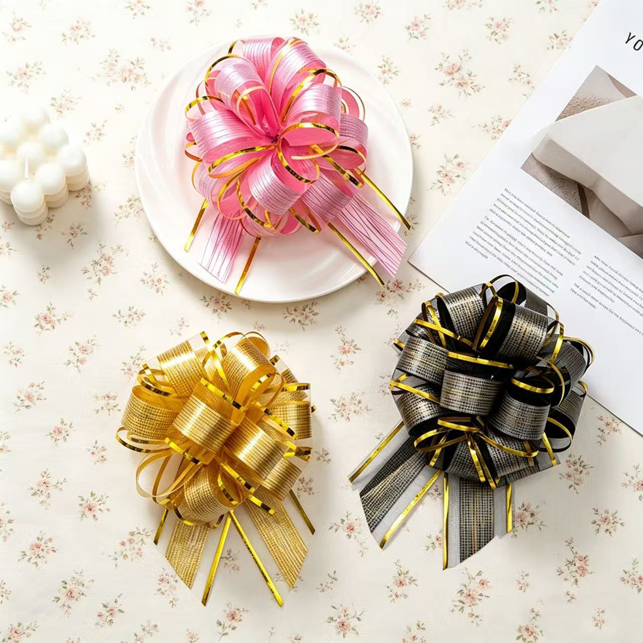 Flores de mano de cinta de color, flores de boda, decoración de escaleras, embalaje de regalos, caja de regalos, props de diseño de boda